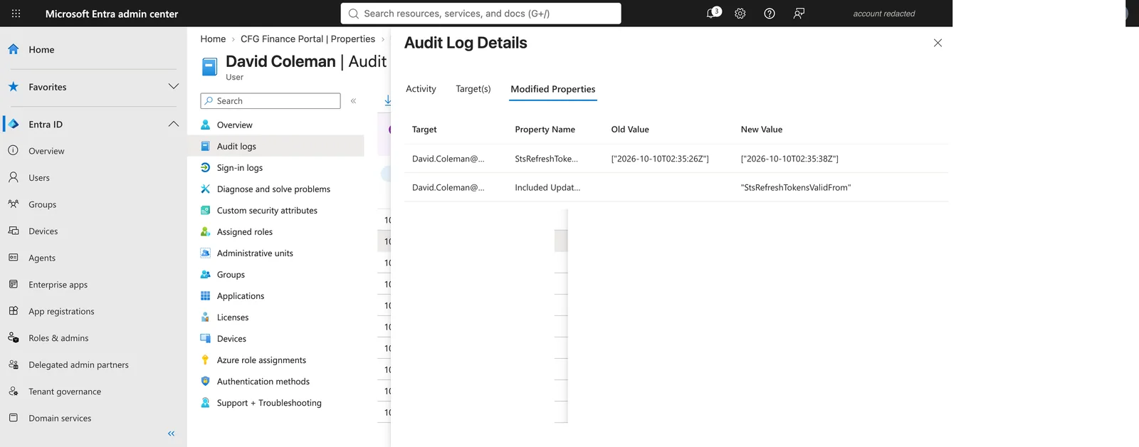 Audit log modified properties showing StsRefreshTokensValidFrom updated for David Coleman.